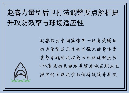赵睿力量型后卫打法调整要点解析提升攻防效率与球场适应性